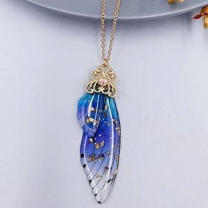 Fairy Gold Pendant Resin Blue Butterfly Wing Neckl